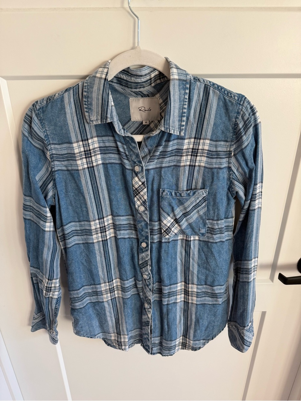 Rails Hunter Plaid Button Front Shirt XS Blue White Tencel Lyocell Lightweight